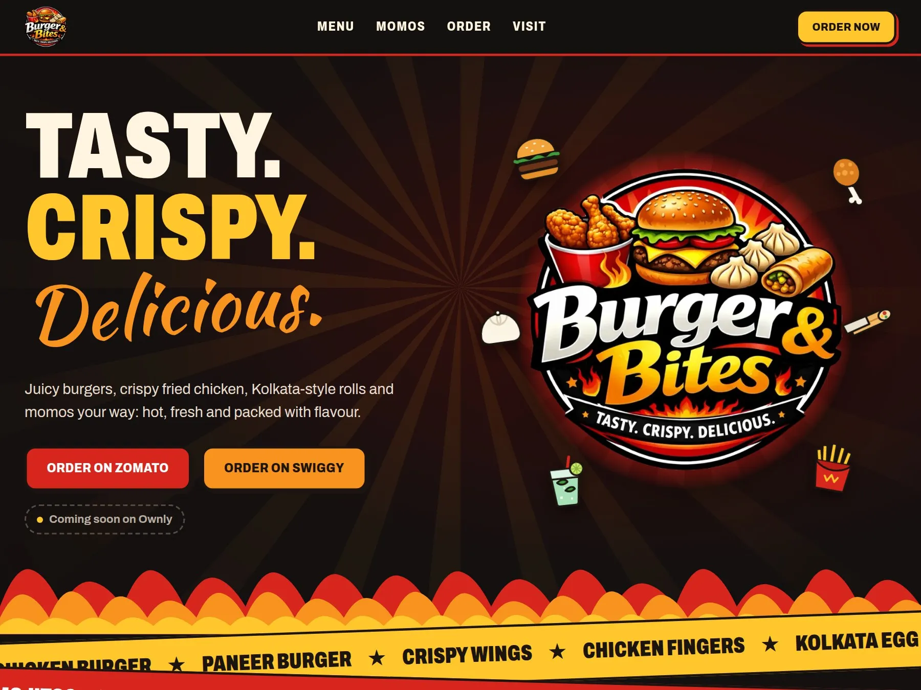 Burger and Bites website: bold red and yellow hero with the Burger & Bites logo